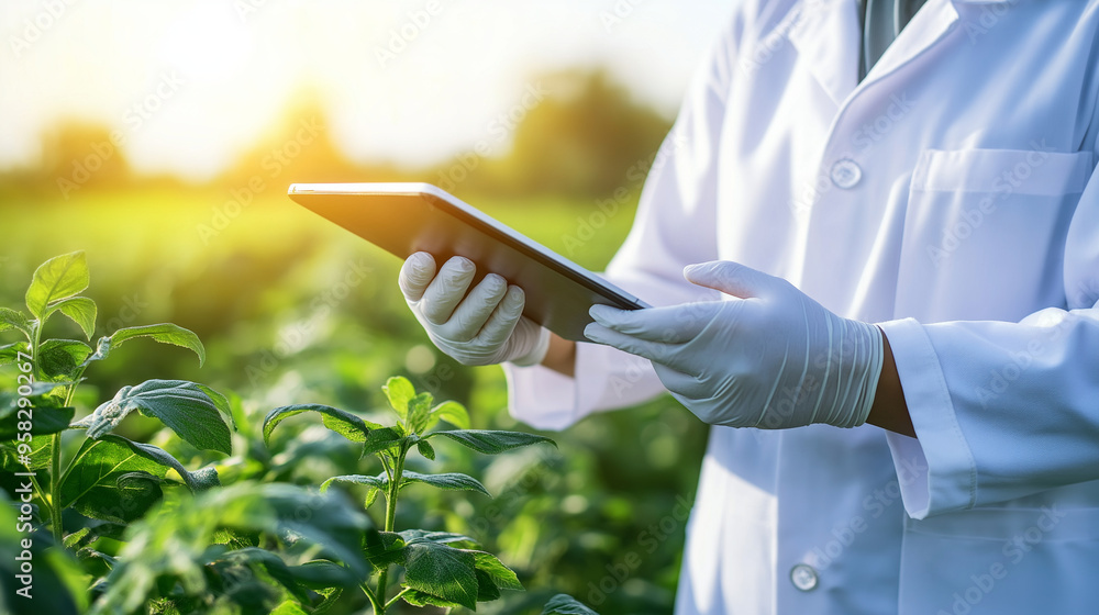 Poster a scientist in a white lab coat and gloves uses a tablet while examining crops in a sunlit field, sy