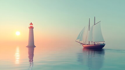 Naklejka premium 3D Ship Sailing on Tranquil Ocean with Lighthouse, Minimalist Design