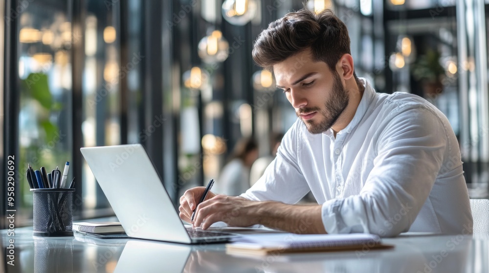 Poster a young businessman in a casual office environment, using a laptop while taking notes in a notebook,