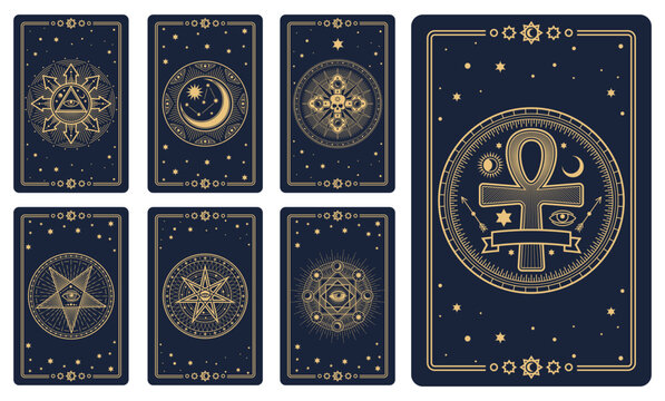 Tarot cards covers with magic esoteric signs and mystic occult symbols, vector reverse decks design. Tarot cards with esoteric magic symbols of sun and stars, Ankh cross and mason pyramid in pentagram