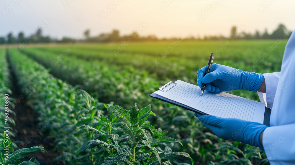 Poster a scientist's gloved hands holding a notebook and pen, jotting down observations in a field of genet