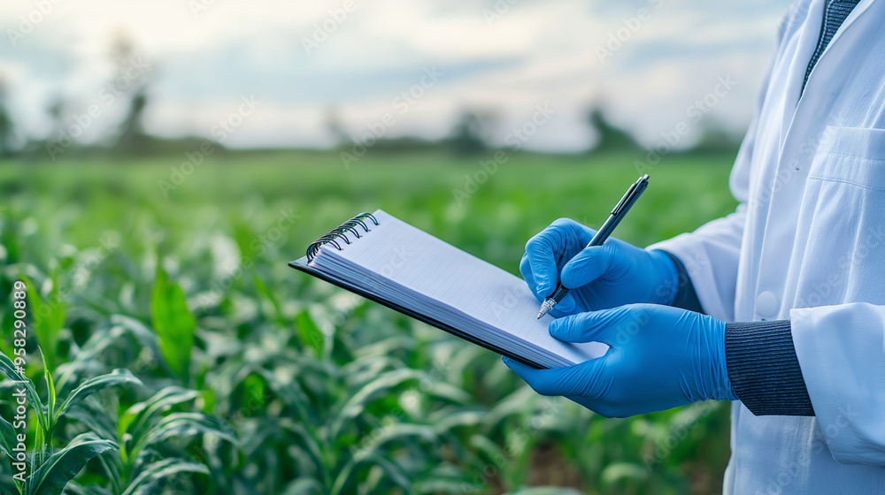 Poster a scientist's gloved hands holding a notebook and pen, jotting down observations in a field of genet