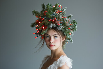 A beautiful woman wearing white dress with a Christmas tree hat, against a gray background. Red Christmas lights adorn the head of a person dressed as an artificial evergreen plant.