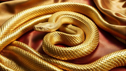 Stunning golden snake on a backdrop of fabric textile: detailed interplay of light and shadow that captures essence of luxury ideal for   branding, artistic representations of opulence and refinement.
