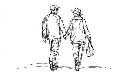 Obraz premium Elderly couple in continuous line art drawing style. Senior man and woman walking together holding hands. Minimalist black linear sketch isolated on white