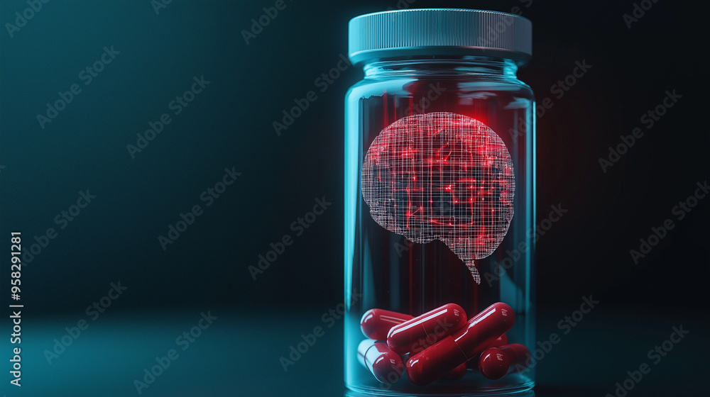 Poster a transparent pill bottle with an ai brain network diagram emerging from within, symbolizing ai's in
