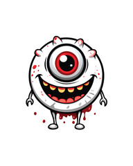 Illustrate a cute yet eerie monster with a single large eye, dripping with blood, smiling with sharp teeth, and stubby arms and legs.