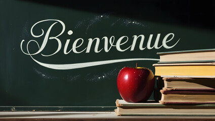 A Chalkboard with “Bienvenue” Written in Cursive and School Essentials in the Foreground (Rentrée Scolaire).