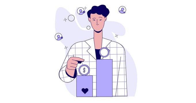 Social Media Marketing. Moving banner with man standing next to graph of audience growth statistics and monetizing his content. Advertising and promotion on Internet. Cartoon flat animated graphics