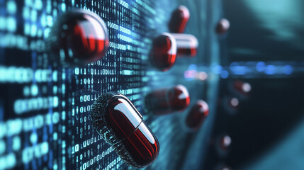 Fototapeta premium Pill bottles with data codes and binary numbers cascading down the background, depicting AI's computational power in enhancing healthcare treatment accuracy.