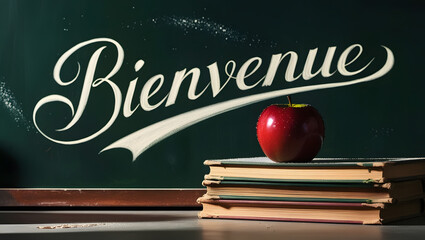 A Chalkboard with “Bienvenue” Written in Cursive and School Essentials in the Foreground (Rentrée Scolaire).