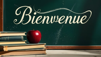 A Chalkboard with “Bienvenue” Written in Cursive and School Essentials in the Foreground (Rentrée Scolaire).