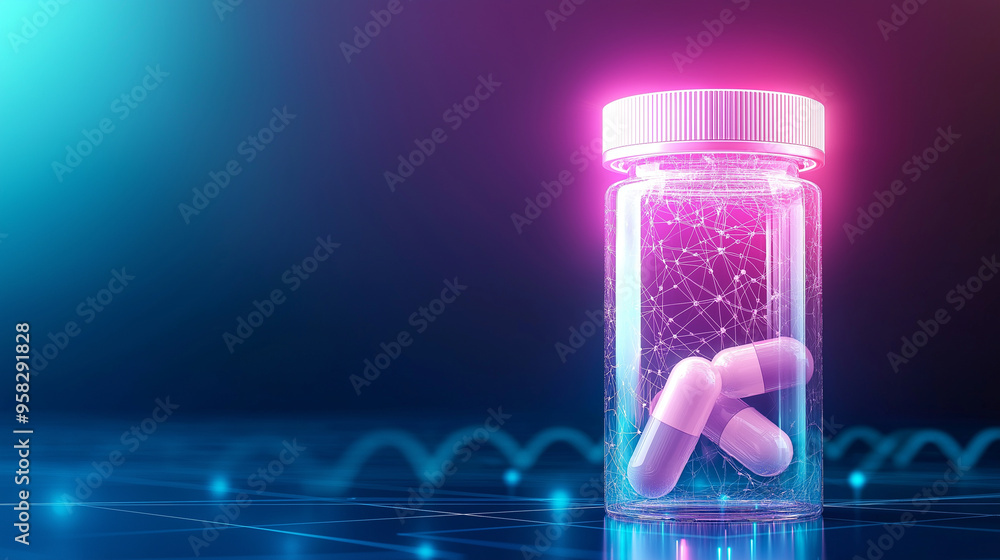 Poster a single pill bottle with ai neural network patterns glowing around it, signifying ai's contribution