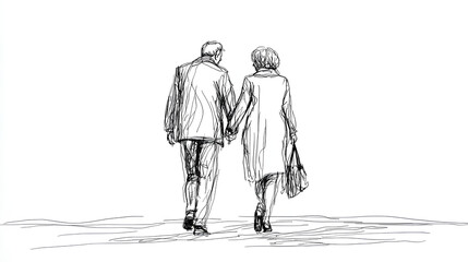 Elderly couple in continuous line art drawing style. Senior man and woman walking together holding hands. Minimalist black linear sketch isolated on white