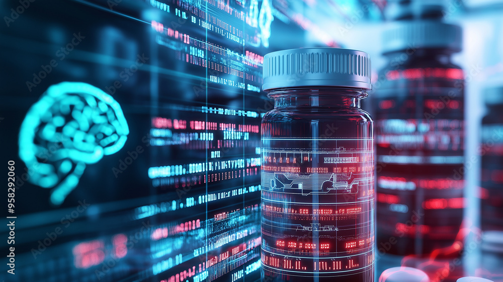 Aufkleber multiple pill bottles surrounded by swirling digital codes and ai brainwaves, representing the accel