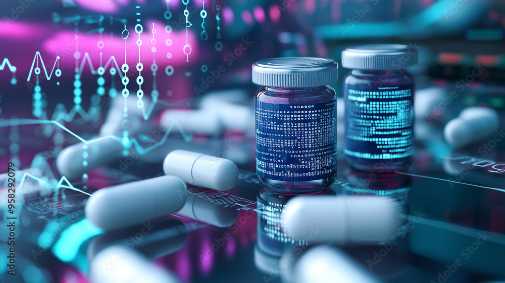 Poster multiple pill bottles surrounded by swirling digital codes and ai brainwaves, representing the accel