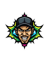 Illustrate a dynamic urban street art design with a stylized human face in a baseball cap, set against a backdrop of vibrant, abstract shapes.