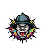 Illustrate a dynamic urban street art design with a graffiti style and an angry face.