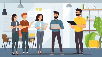 A young entrepreneur presenting a bold new concept on a tablet to a team, with engaged expressions and a modern office environment showcasing a culture of innovation.