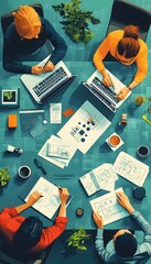 Illustration of a Team of Four People Working on a Project at a Table