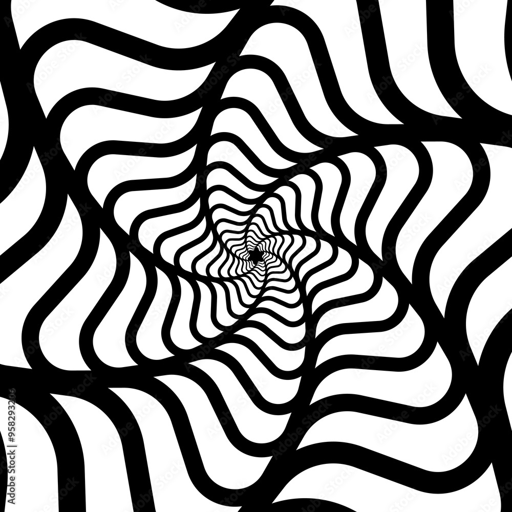 Poster Psychedelic hypnotic swirl spiral pattern, hypnosis effect. Vector black and white twirled background. Monochrome cobweb-like vortex with concentric waves create dizzying or trippy visual experience