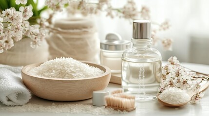Natural spa essentials arranged on a wooden table featuring rice, essential oils, and delicate flowers in soft morning light