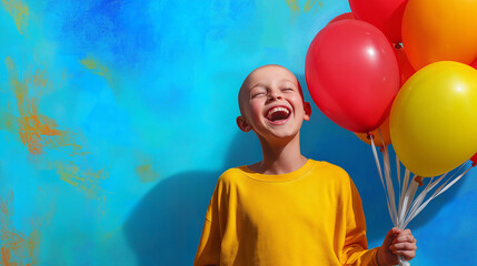 A portrait of a child without hair, holding a bunch of balloons, smiling with a sense of celebration, symbolizing their triumphs over cancer challenges.