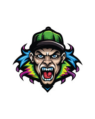 Illustrate a dynamic urban street art design with a screaming face, a green baseball cap, a colorful background, and graffiti-style elements.