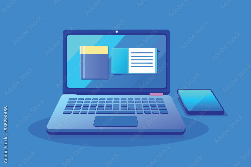 Poster a laptop with an open file on its display, positioned on a blue background, symbolizing digital work