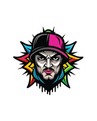 Illustrate a dynamic urban street art design with a bold, graffiti-style face in a cap, surrounded by colorful geometric shapes and drips.