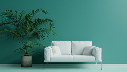 Fototapeta premium White Sofa in Minimalist Teal Room with Houseplant, Modern Interior Design, Comfort Meets Style, Background with Copy Space