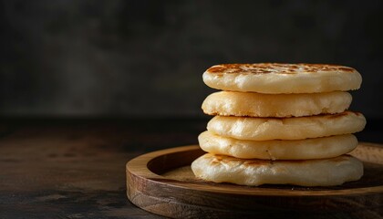 Stack of Arepas Made from Ground Corn Dough on Wooden Tray, Traditional Colombian and Venezuelan Cuisine, Dark Background with Copy Space