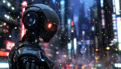 Fototapeta premium Futuristic Robot Amidst Vibrant City Lights Ode to Technological Advancements