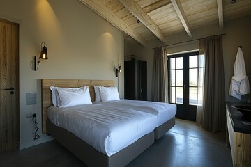 Modern Bedroom with Wooden Beams, White Bedding, and a View