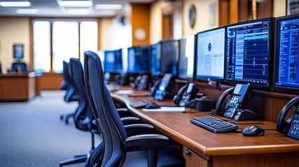 Futuristic 911 Call Center Officer's Workstation with Multiple Screens Displaying Emergency Information and Monitoring Systems, Copy Space Available