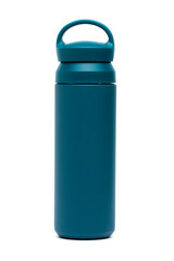 Close-up of blue reusable steel stainless eco thermo water bottle isolated on a white background with clipping path. Zero waste, Plastic disposable bottles. Environment concept.
