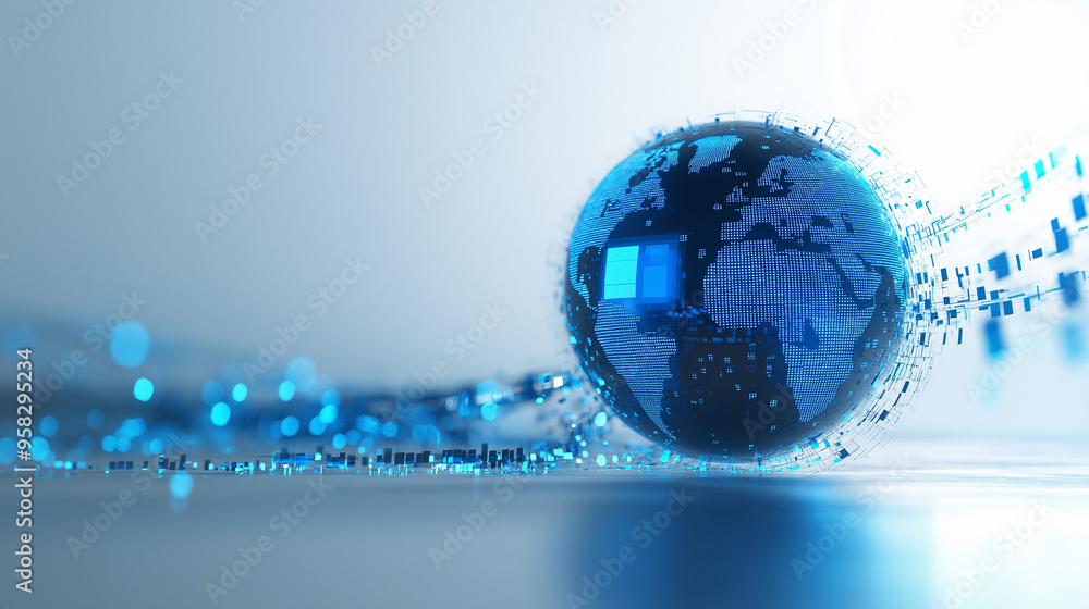Poster a modern blue and silver globe, delicately floating on a blank white canvas, surrounded by intricate
