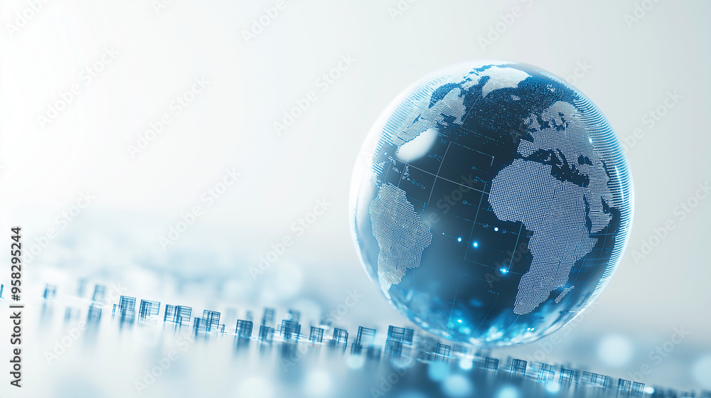 Poster a modern blue and silver globe, delicately floating on a blank white canvas, surrounded by intricate