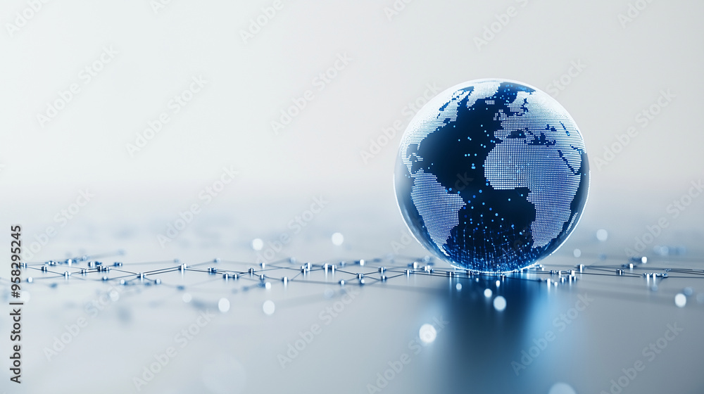 Poster a modern blue and silver globe, delicately floating on a blank white canvas, surrounded by intricate