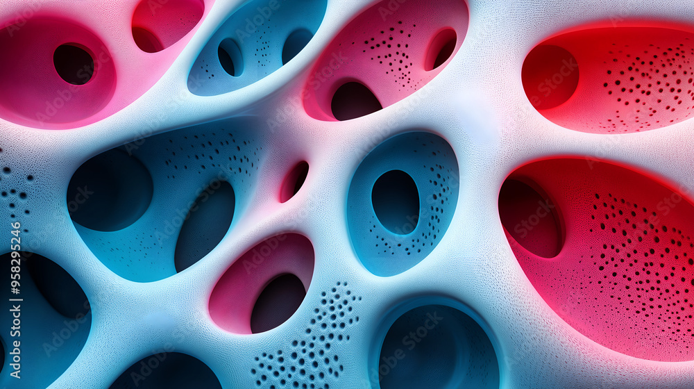 Poster abstract pattern showcasing vibrant blue and pink shapes resembling cellular structures or tissue in