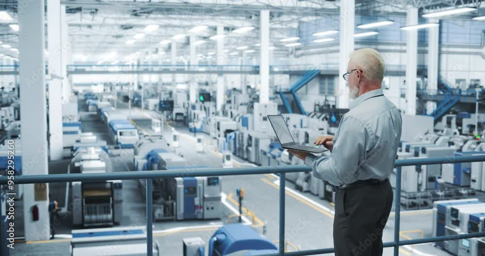 Aufkleber Middle Aged Male Engineer Standing on a Platform, Using Laptop Computer and Monitoring Production at a Modern Automated Electronics Manufacture with AI Robots. Factory Technician at Work