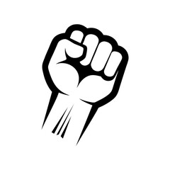 Protest fist. People protesting for human rights, equality anti-discrimination movement. Clenched fist raised up. Gym logo. Vector illustration.