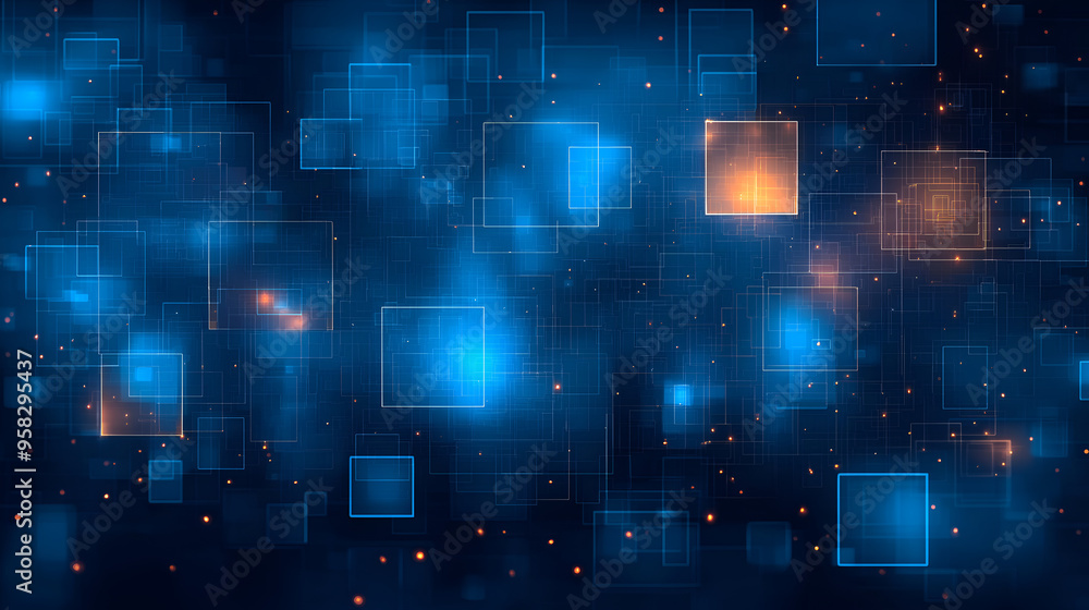 Poster abstract digital background with glowing squares in varying shades of blue and orange, creating a fu