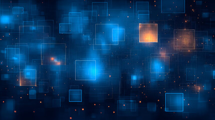 Abstract digital background with glowing squares in varying shades of blue and orange, creating a futuristic atmosphere for technology themes