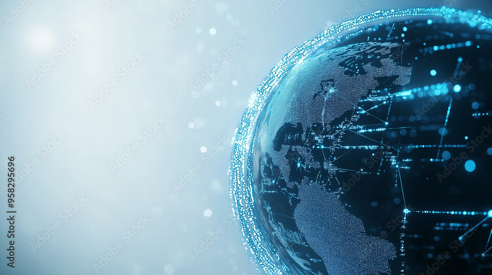 Poster a high-definition blue and silver globe, hovering on a pure white backdrop, with intricate, glowing 