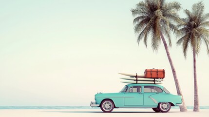 Vintage car with surfboards parked on a tropical beach