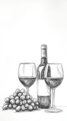 Aesthetic ink sketch of wine bottle and glasses with grapes. Copy space. Winery invitation. Generative AI