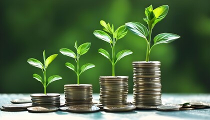 plant growing from coins, plants growing out of coin stacks investing concept