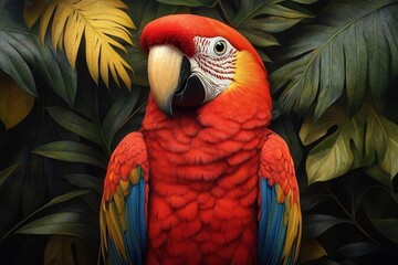 hyperrealistic portrait of majestic scarlet macaw perched in lush jungle canopy vibrant feathers and piercing eyes capture the birds intelligence and beauty amid tropical foliage