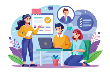 People using laptops and engaging in conversation, centered around recruitment and the process of matching candidates.
